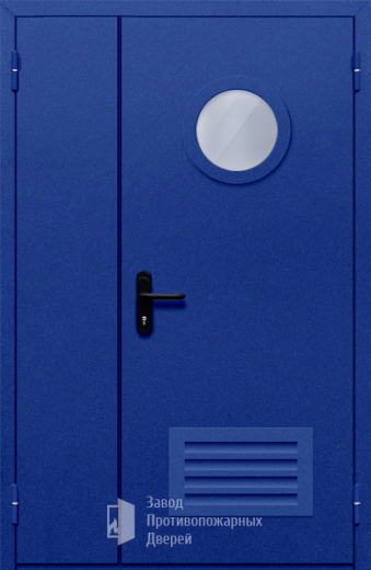 Фото двери «Полуторная с круглым стеклом и решеткой (синяя)» в Щёлково